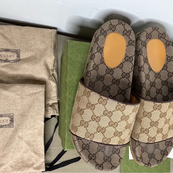 Gucci Beige and Brown Monogram Slides - Picture 6 of 12